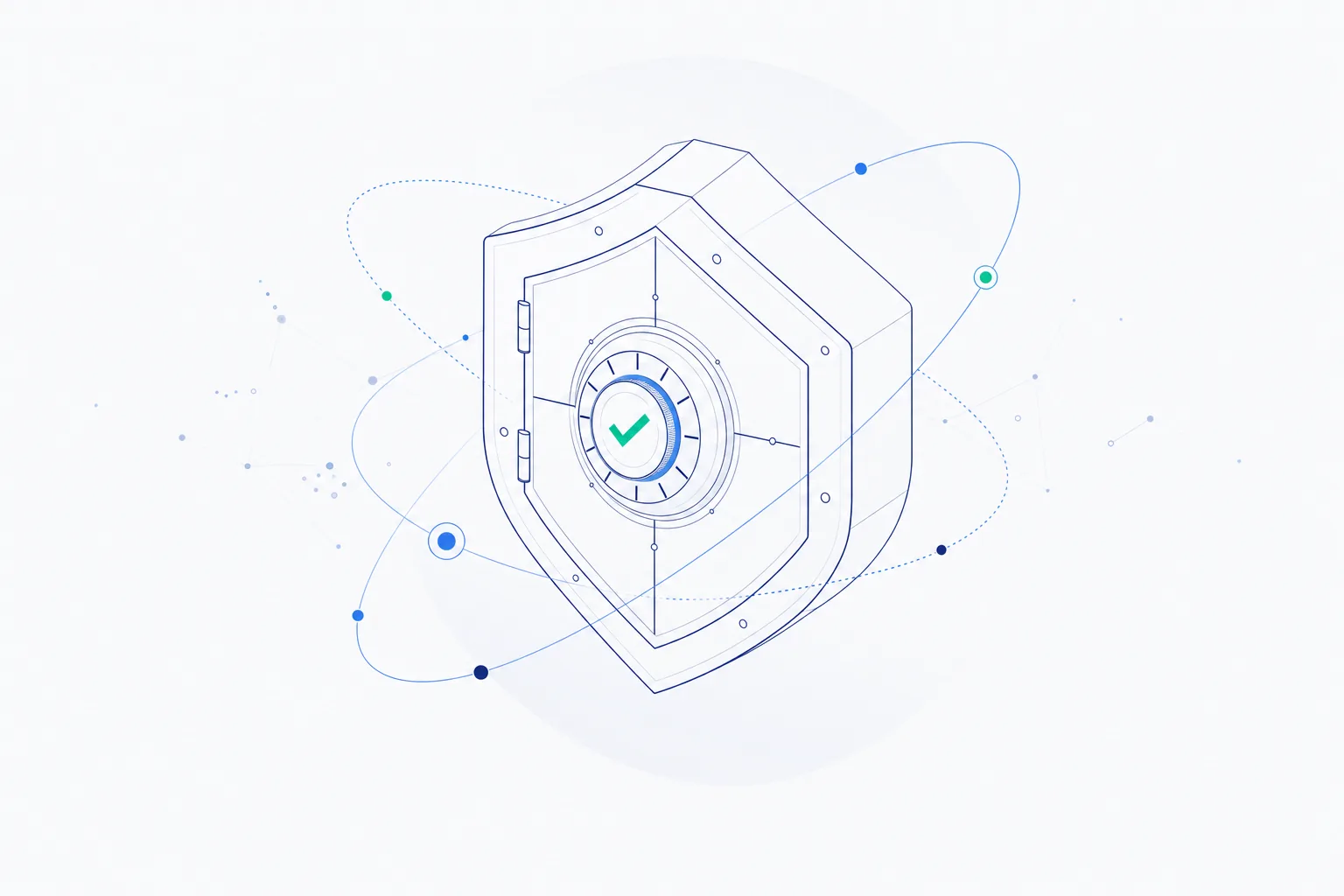 Abstract vault encircled by orbital lines representing the encrypted per-tenant credential store